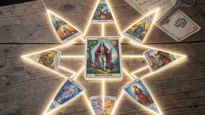 Расклад Таро Звезда на продажу квартиры: схема из семи карт, выложенных в форме звезды на столе.