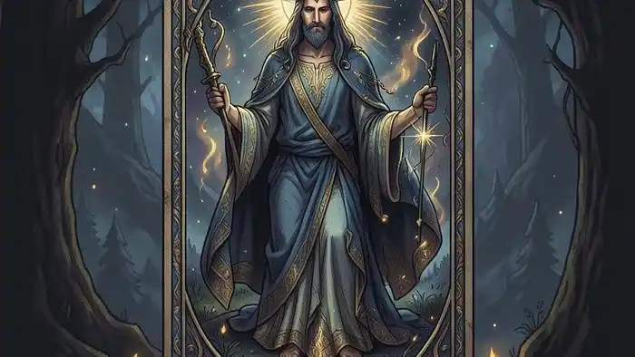 Расклад Таро Звезда на брак - семь карт в форме звезды на деревянном столе, центральная карта Влюблённые