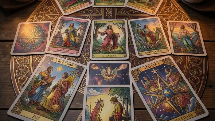 расклады таро карточки — визуальное представление кельтского креста, три карты, подкова и звезда