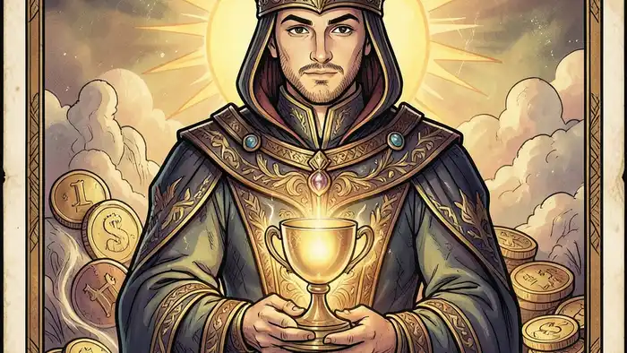 Рыцарь Кубков на деньги Таро – иллюстрация карты с символами богатства