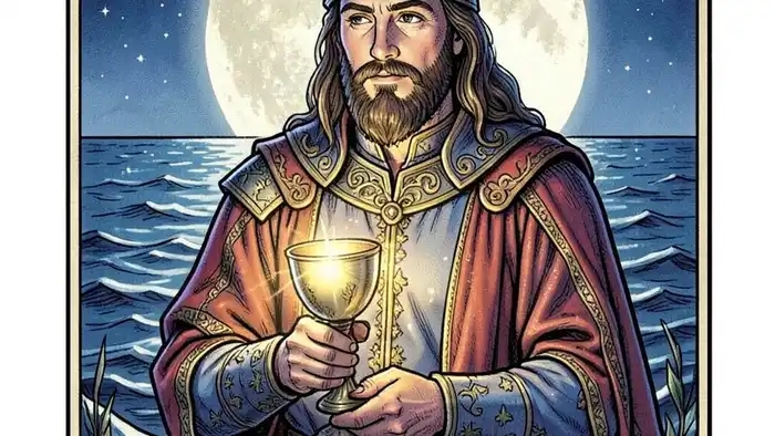 Рыцарь Кубков Таро – иллюстрация рыцаря с чашей на фоне лунного моря