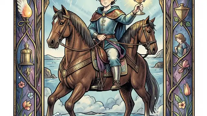 Рыцарь Кубков Таро иллюстрация, изображающая рыцаря с чашей на фоне воды