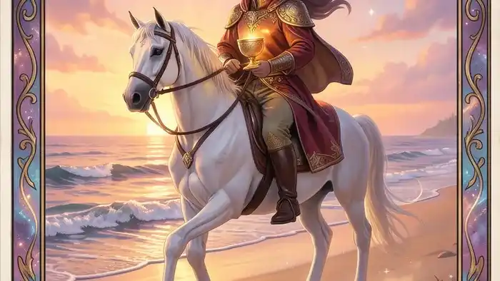Рыцарь Кубков Таро — всадник с золотым кубком на берегу моря на закате