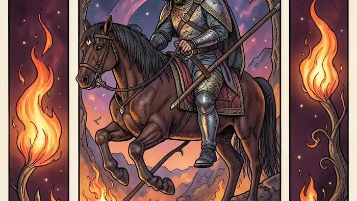 Рыцарь Жезлов перевернутая карта Таро, изображающая уставшего рыцаря на остановившемся коне