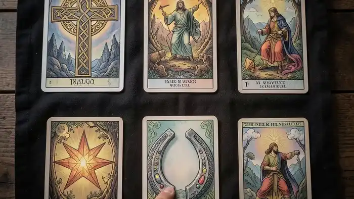 Самые популярные расклады Таро: фото стола с разложенными схемами Кельтский крест, три карты, Подкова и Звезда