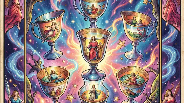 Семерка Кубков — иллюстрация карты Таро с семью чашами и символикой