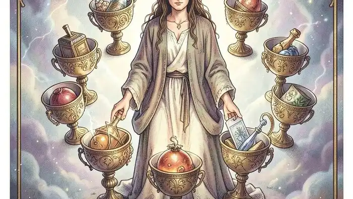 Семерка Кубков предостережение таро — изображение карты с семью чашами и символическими объектами