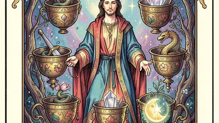 Семерка Кубков — таро карта с семью чашами и символами