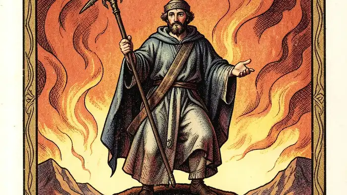 Семерка Жезлов карта Таро – фигура на холме с жезлом, огненный фон