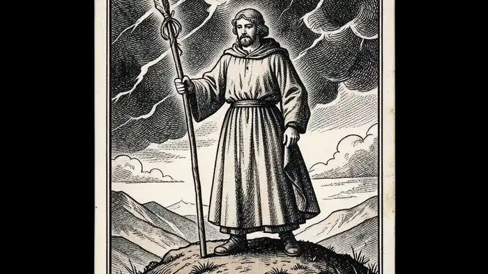 Семерка Жезлов на любовь — изображение карты с воином на вершине холма