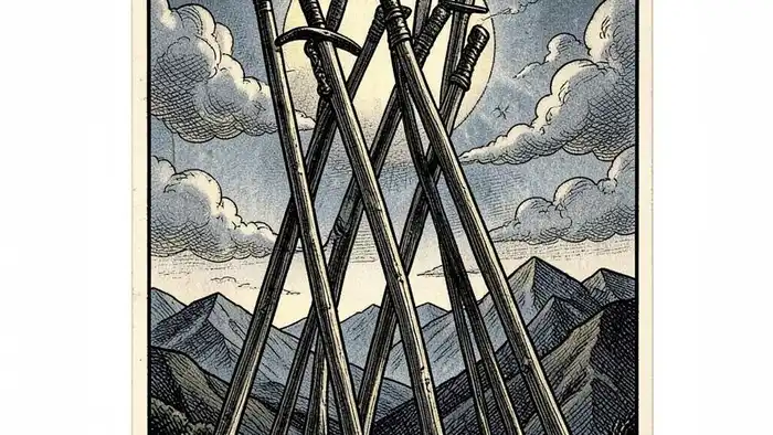 Семерка Жезлов перевернутая таро иллюстрация