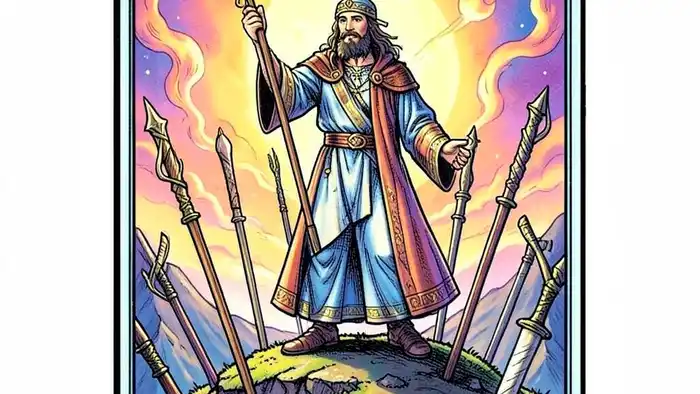 Семерка Жезлов Таро — иллюстрация карты с фигурой на вершине и поднятым жезлом