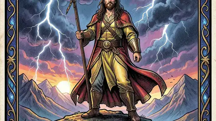 Семерка Жезлов — изображение карты Таро с символикой победы и конфликта