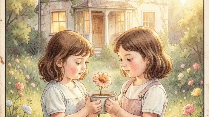 Шестерка Кубков таро — изображение двух детей с кубком и цветком в волшебном саду
