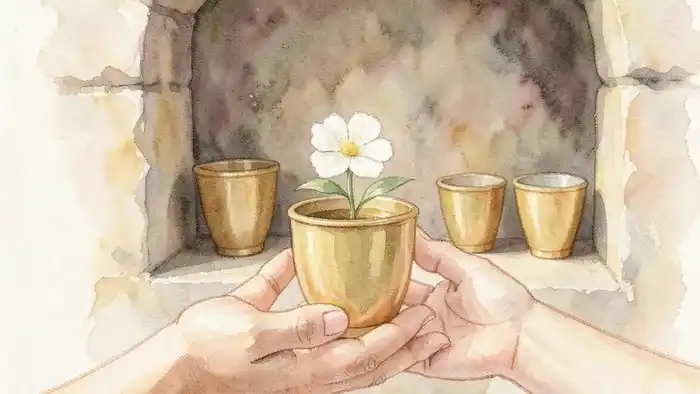 Шестерка Кубков Таро — символическое изображение дарения кубка с цветком, тема ностальгии и прошлого в любви.