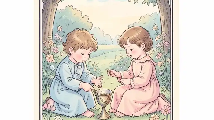 Шестерка Кубков изображение карты Таро с детьми в саду