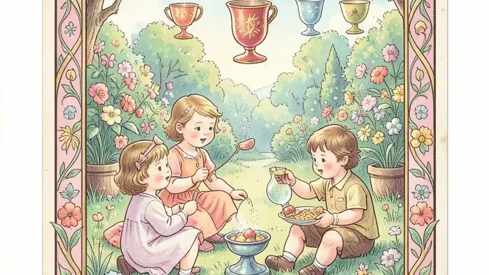 Шестерка Кубков — иллюстрация карты Таро с детьми в саду