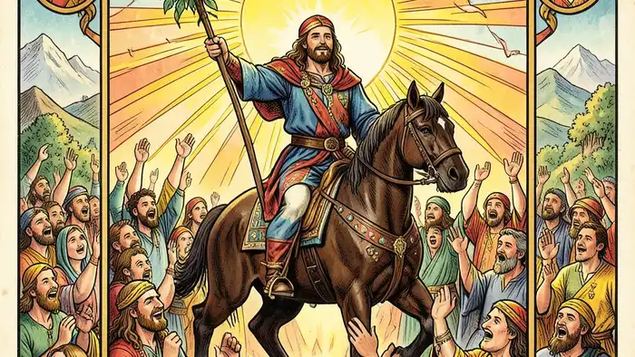 Шестерка Жезлов карта Таро изображена победоносный всадник с цветочным жезлом