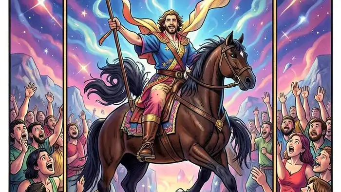 Шестерка Жезлов карта Таро изображение победного всадника