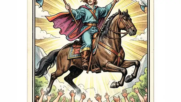 Шестерка Жезлов карта Таро изображение