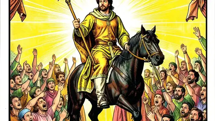 Шестерка Жезлов изображение карты Таро с победителем на лошади