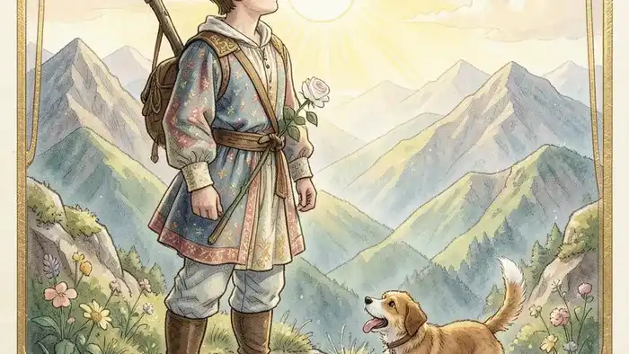 Шут карта дня Таро — иллюстрация архетипа Дурака на краю обрыва с собакой и розой