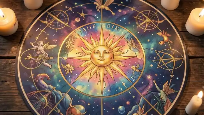 Сила карта дня таро – иллюстрация с картой Солнце и астрологическими символами