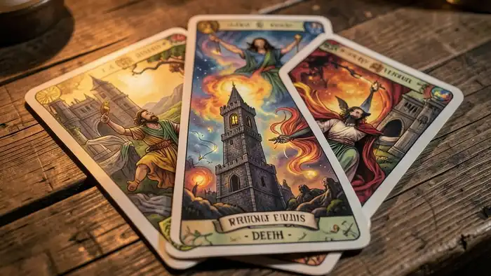 Сила предостережение таро — изображение карт Башни и Смерти на столе