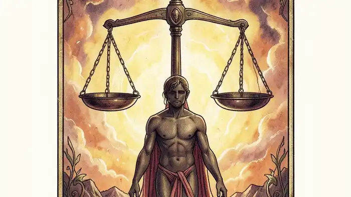 Справедливость на здоровье таро — карта с весами над фигурой человека
