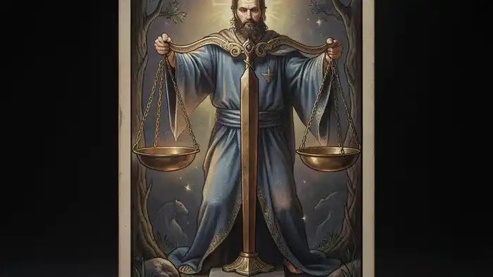 Справедливость Таро — детальное изображение карты с весами и мечом, символизирующее баланс и закон