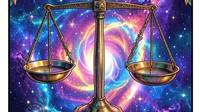 Справедливость таро — изображение карты с весами и космическим фоном