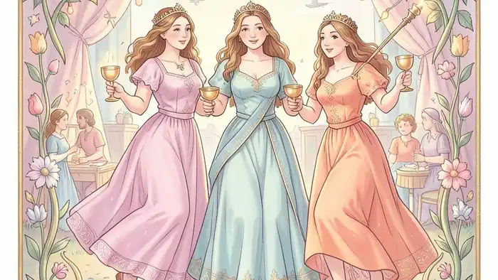 Тройка Кубков карта таро изображение, женщины в танце с кубками