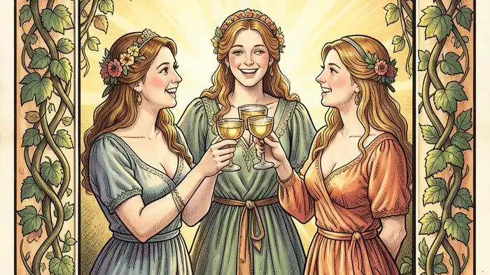Тройка Кубков — изображение трёх женщин, поднимающих кубки в тост, символизирующее радость и дружбу