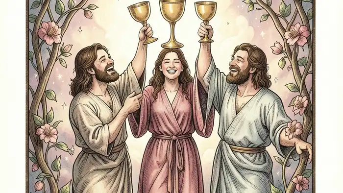 Тройка Кубков значение таро – иллюстрация карты Таро с тремя поднимающими кубки фигурами