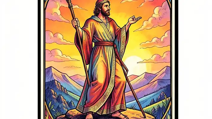 Тройка Жезлов — иллюстрация карты Таро с фигурой на холме