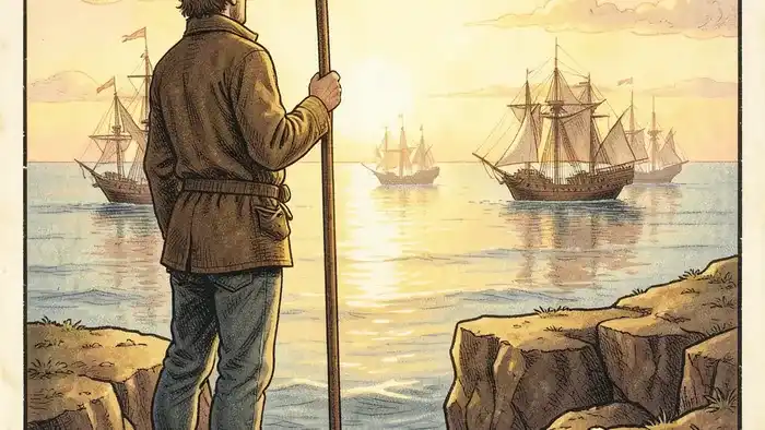 Тройка Жезлов Таро на деньги — человек с посохом смотрит на корабли, символизирующие финансовые возможности и прибыль в пути.