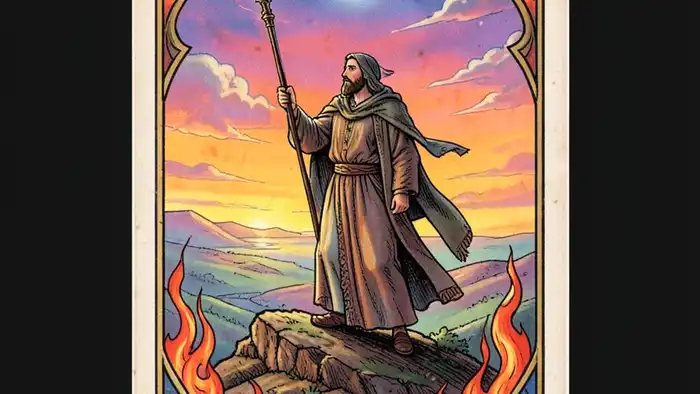 Тройка Жезлов таро изображение карты с фигурой на холме и жезлом