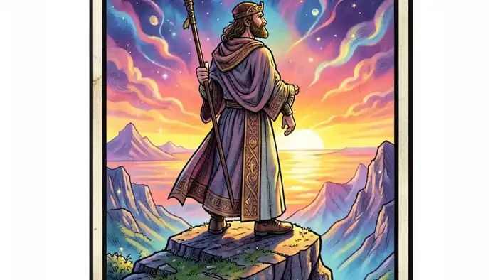 Тройка Жезлов таро — изображение карты с фигурой на скале