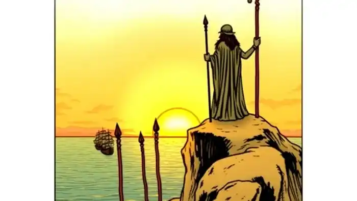 Тройка Жезлов Таро — карта ожидания и дальновидности с изображением человека на утёсе и парусников вдали