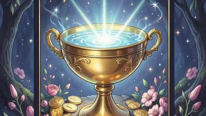 Туз Кубков на деньги таро — изображение золотого кубка, излучающего свет и символизирующего финансо��ое изобилие