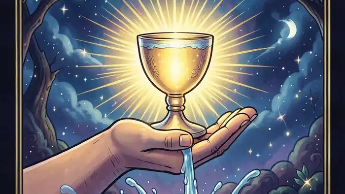 Туз Кубков на любовь таро изображение карты с светящимся кубком и текущей водой