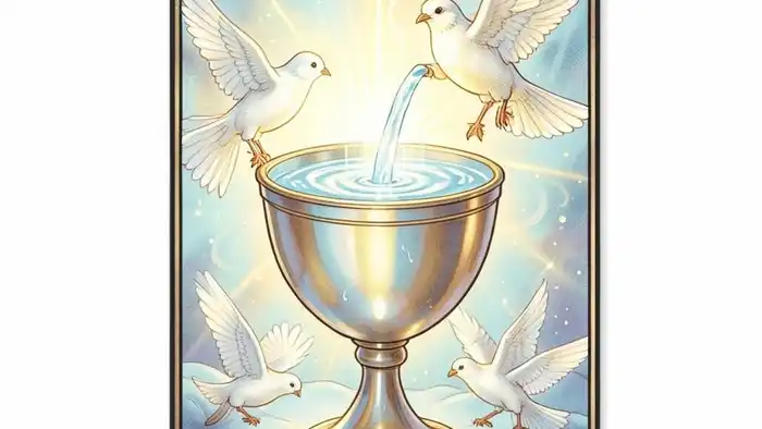 Туз Кубков Таро — изображение кувшина с текущей светлой водой и голубем