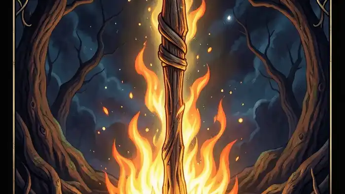 Туз Жезлов — ��зображение ка��ты с ярким огнём и жезлом, символизирующее начало