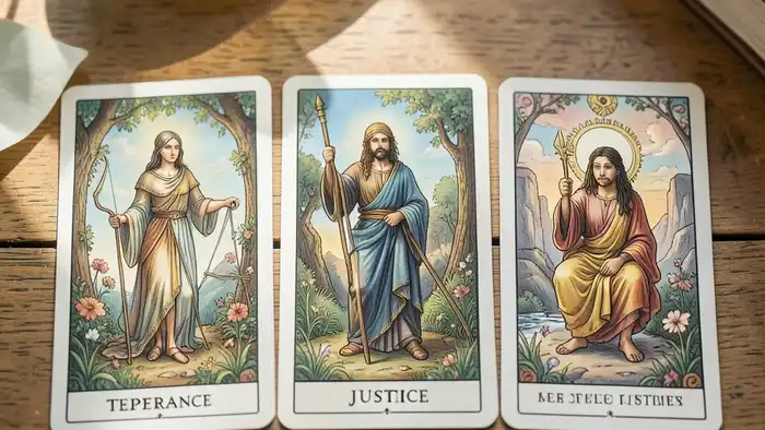 Умеренность действия таро — изображение расклада с картами Умеренность, Справедливость и Дурак