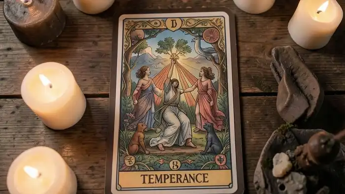 Умеренность действия таро — изображение расклада с картой Умеренность