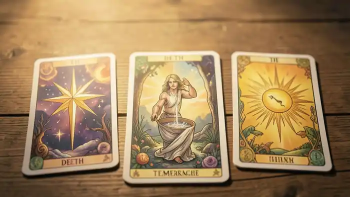 Умеренность действия таро — карта Умеренность в центре расклада, символизирующая баланс