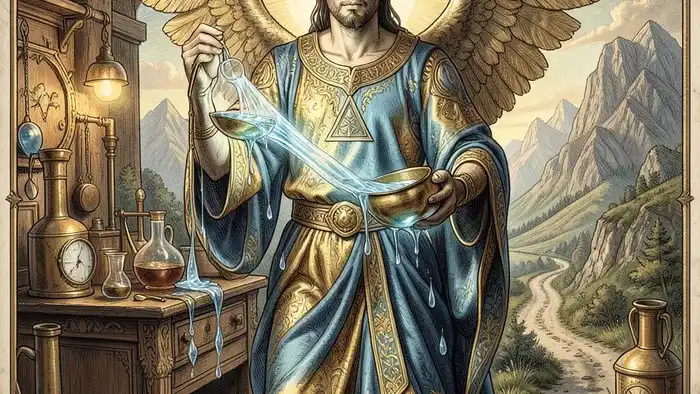 Аркан Умеренность Таро — ангел, синтезирующий противоположности в алхимическом акте баланса и гармонии.