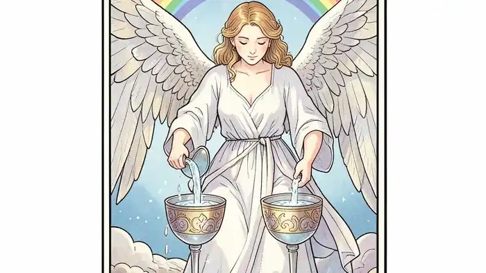 Умеренность Таро — изображение ангела, льющего воду между двумя кубками, символ баланса