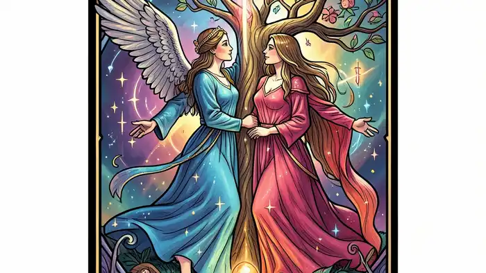 Влюбленные сочетание таро — иллюстрация карты с ангелом и парой