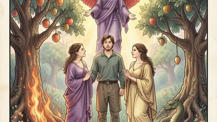 Влюбленные Таро на любовь — аркан VI с ангелом, двумя женщинами и символическими деревьями в саду